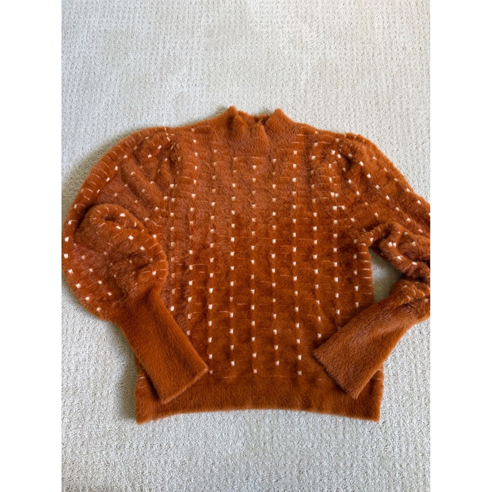Ann Taylor Sweater Womens M Burnt Orange Fuzzy Dot Puff Sleeve Mock Neck Cozy